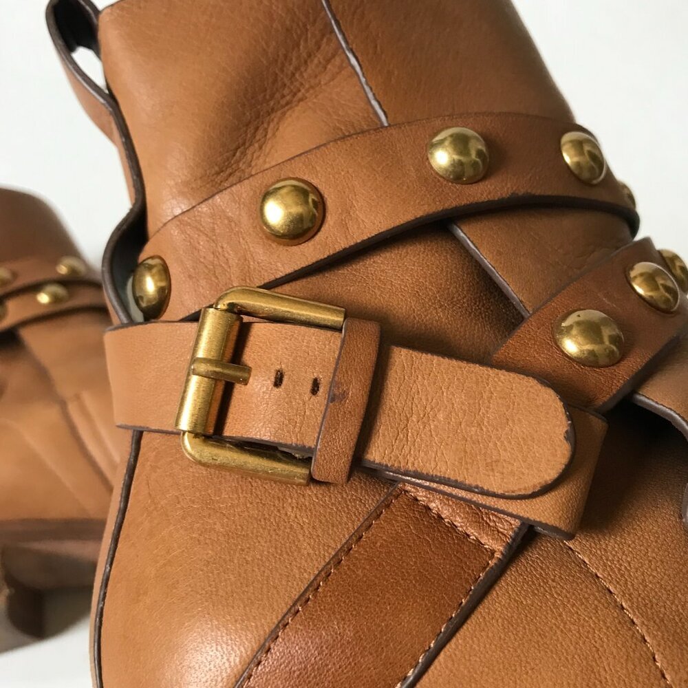 See by Chloe Janis Ankle Wrap Moto Boots Womens 38 8 Camel Tan Leather Studded - Picture 11 of 12